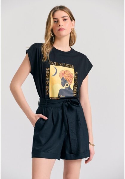 FUNKY BUDDHA T-SHIRT ΓΥΝΑΙΚΕΙΟ ΜΑΥΡΟ ΜΕ BOHO ΤΥΠΩΜΑ FBL011-138-04 REGULAR FIT