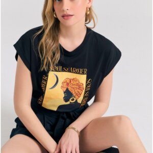 FUNKY BUDDHA T-SHIRT ΓΥΝΑΙΚΕΙΟ ΜΑΥΡΟ ΜΕ BOHO ΤΥΠΩΜΑ FBL011-138-04 REGULAR FIT