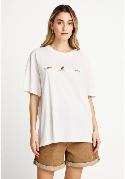 FUNKY BUDDHA T-SHIRT ΓΥΝΑΙΚΕΙΟ ΤΥΠΩΜΑ ΠΛΑΤΗ ΛΕΥΚΟ FBL013-125-04 LOOSE FIT